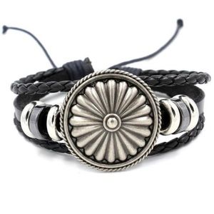 Silver Floral Bloom Beaded Braided Black Genuine Leather Pull String Bracelet!